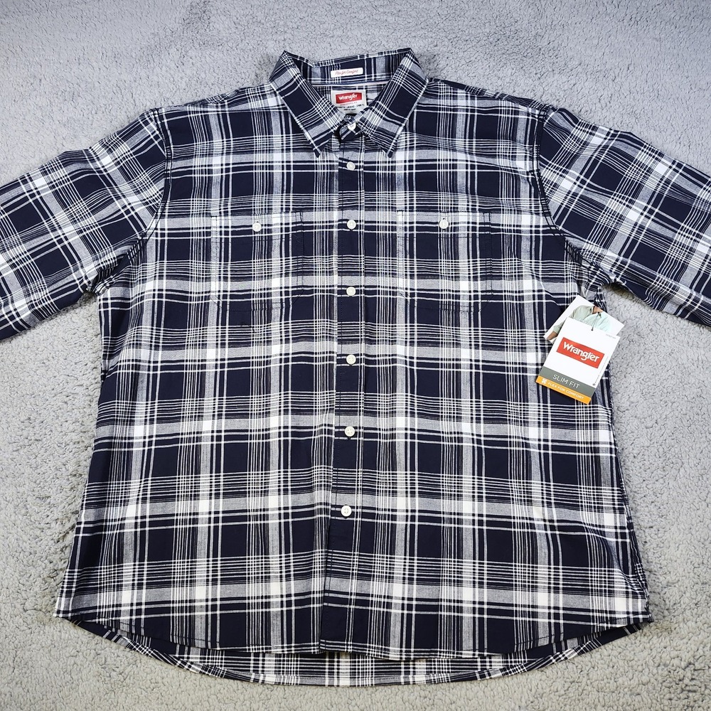 New Wrangler Shirt Mens 2XL Blue Plaid Slim Fit Long Button Up Untucked Flex